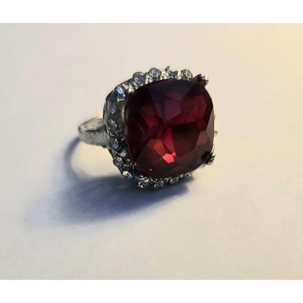 Silver Toned Fashion Ring with Faux Garnet and Faux Diamonds Size 6.25